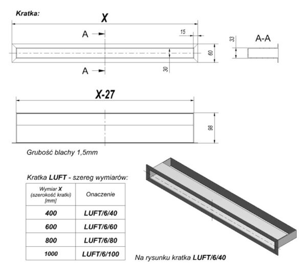 LUFT KRATKI 6X100CM INOX 1