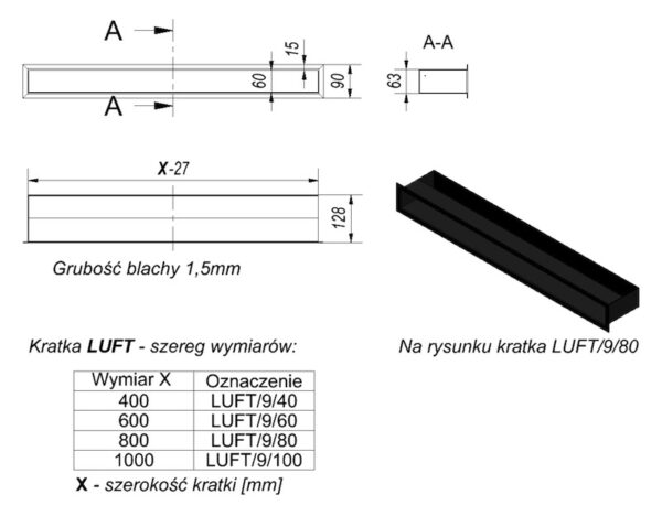 LUFT KRATKI 9X100CM INOX 2